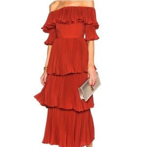 Self-Portrait Crepe Pleated Off-Shoulder Tiered Dress